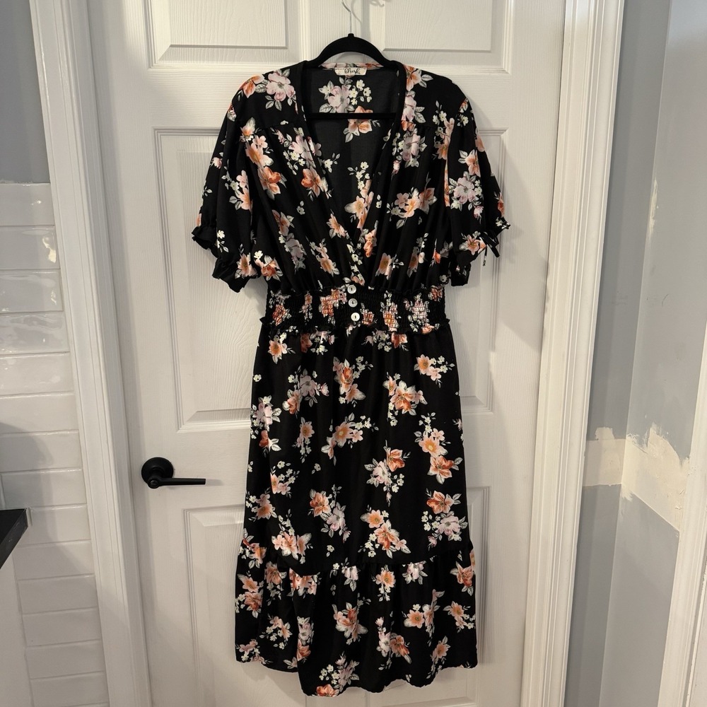 Hint of Blush Black Pink‎ Floral Ruffle Maxi Dress Women's Sz 3X